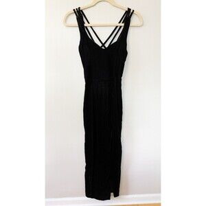 Vintage 80s 90s Nadine Velvet Maxi Dress Sz 11/12 Black Whimsigoth Slit Strappy